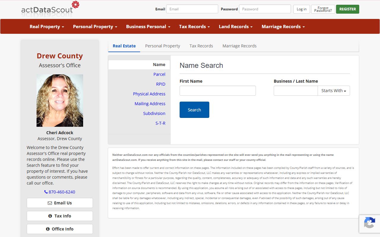Drew County land records search portal for property and court filing data