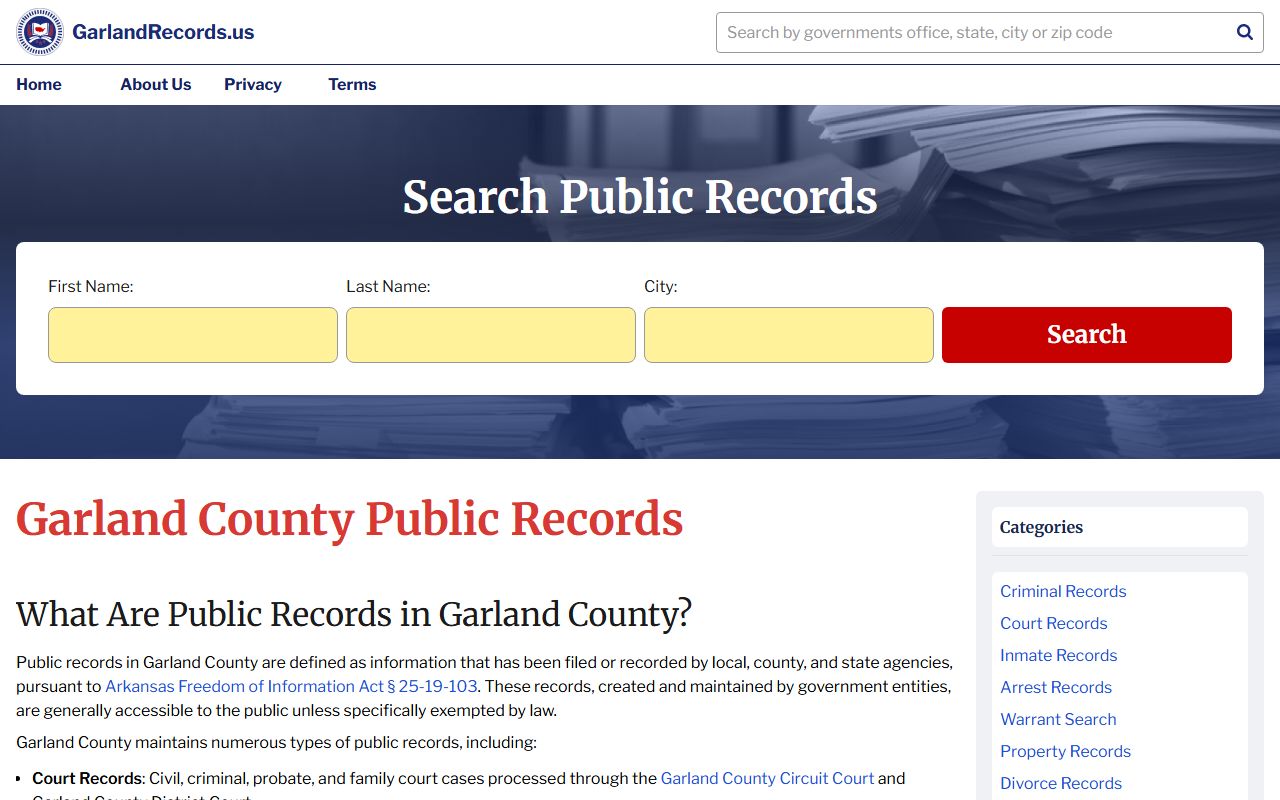 Garland County land records portal at garlandrecords.us for property and court filing data